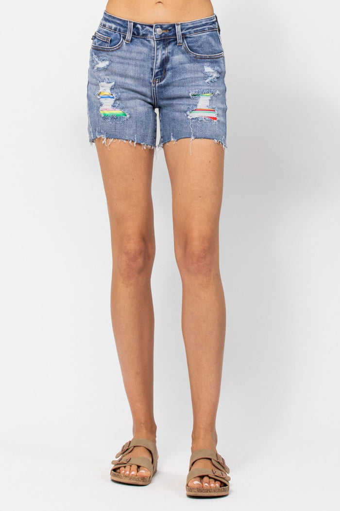 Judy Blue Mid Rise Serape Patch Destroyed Shorts