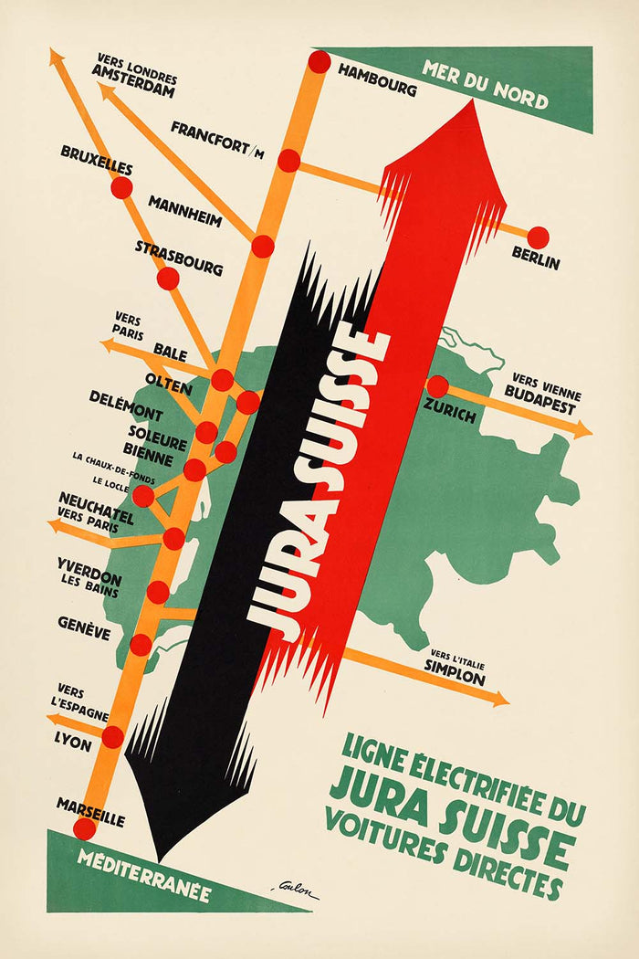 Jura, Switzerland Travel Poster: Ligne électrifiée – Voitures directes