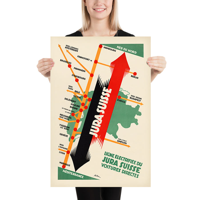 Jura, Switzerland Travel Poster: Ligne électrifiée – Voitures directes