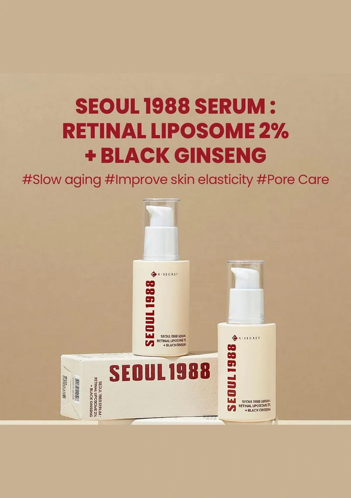 SEOUL 1988 serum bottles and packaging on a beige background