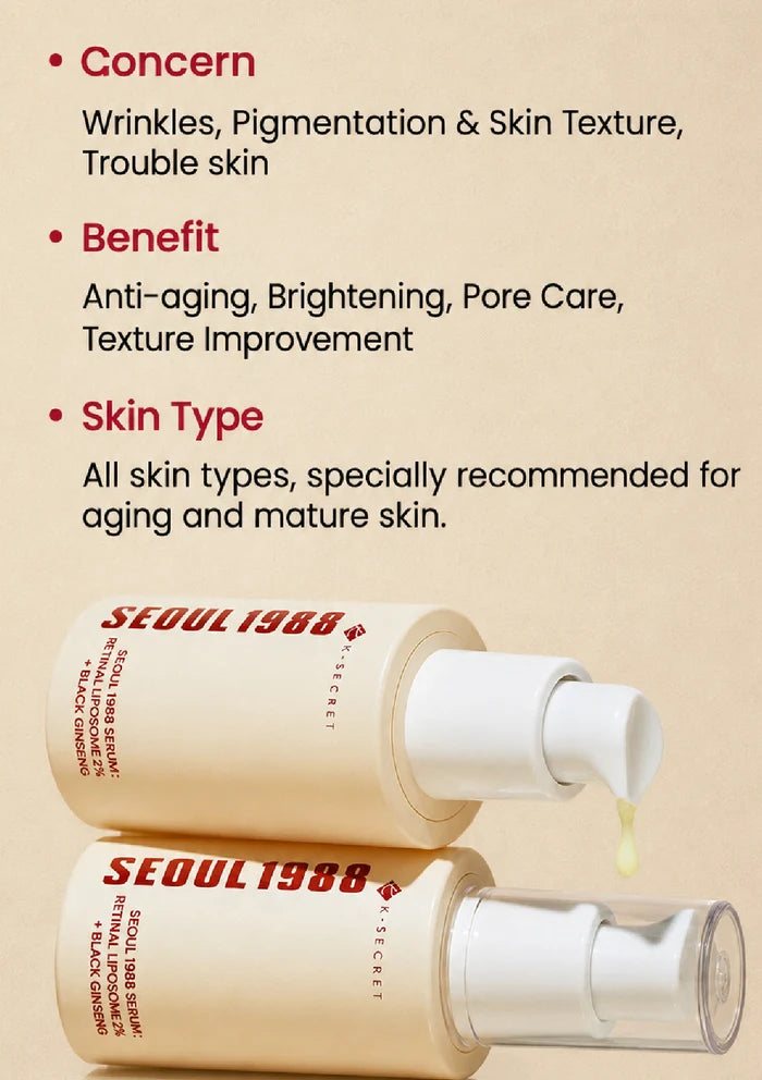 Skincare product with text about concerns, benefits, and skin types on a beige background