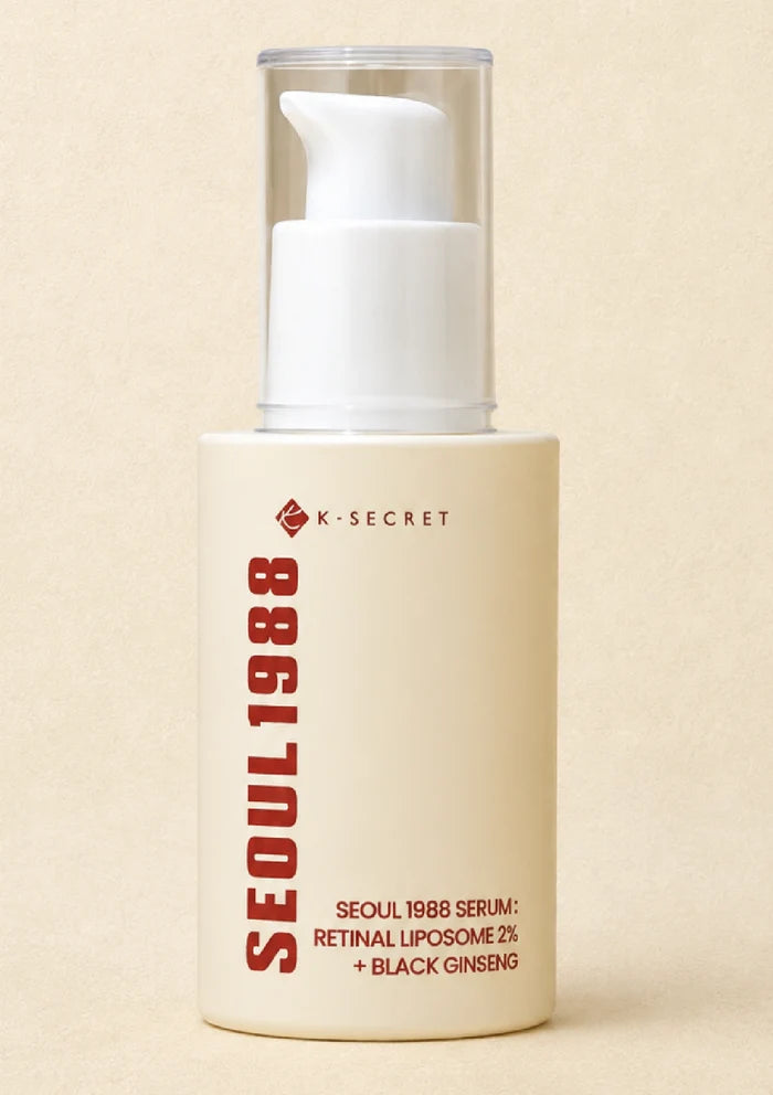 Skincare serum bottle with 'Seoul 1988' text on a white background