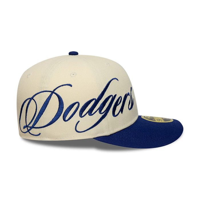 Pictured is this MLB Side Script LA Dodgers Low Profile 59FIFTY Fitted cap in Cream. 5