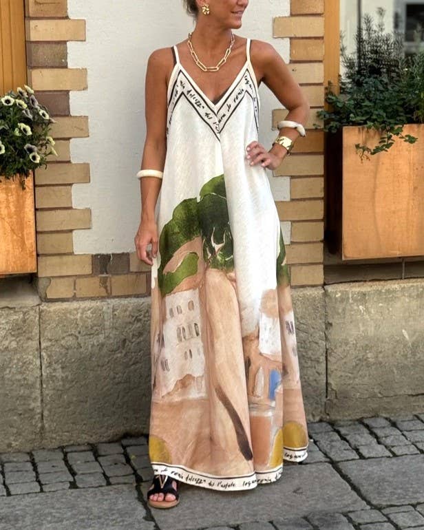 Landscape Print Slip Maxi Dress