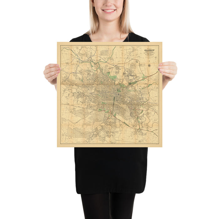 Large Map of Glasgow by Bartholomew, 1903: Railroads, River Clyde, Parks