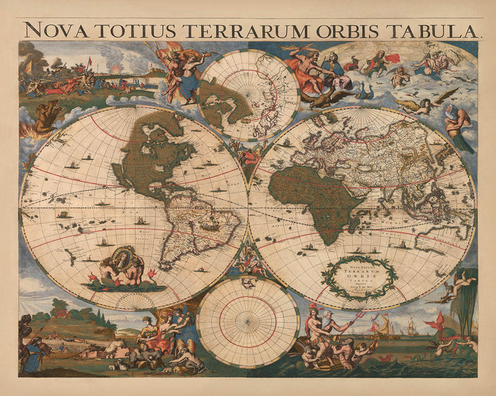 Large Masterpiece World Map by Danckerts, 1696: Mythical Lands, Decorative Border