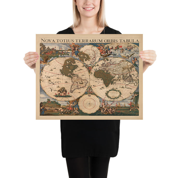 Large Masterpiece World Map by Danckerts, 1696: Mythical Lands, Decorative Border