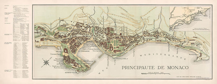Large Old Map of Monaco by Fissore, 1943: Monte-Carlo, Casino, La Condamine, Musée Océanographique, Jardins St. Martin
