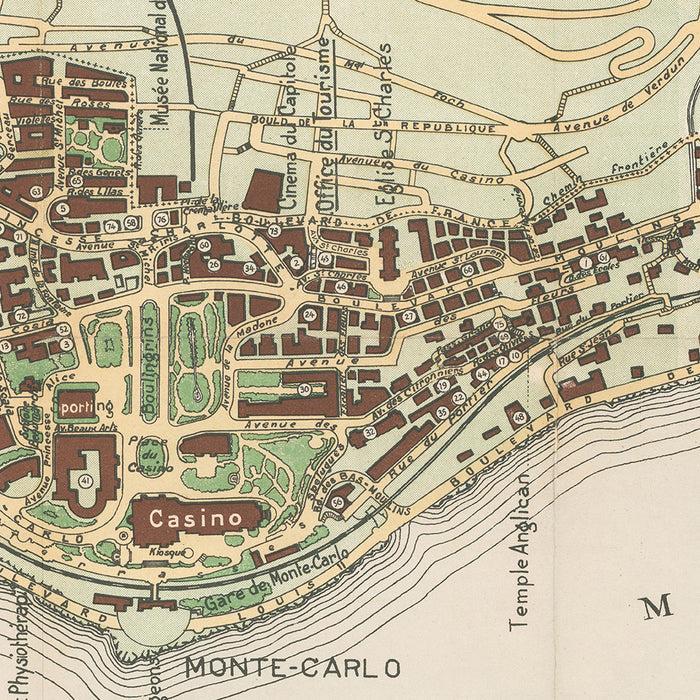 Large Old Map of Monaco by Fissore, 1943: Monte-Carlo, Casino, La Condamine, Musée Océanographique, Jardins St. Martin