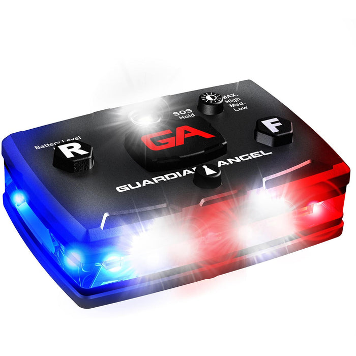 Law Enforcement Red/Blue Wearable Safety Police Light, Front, lights on view.