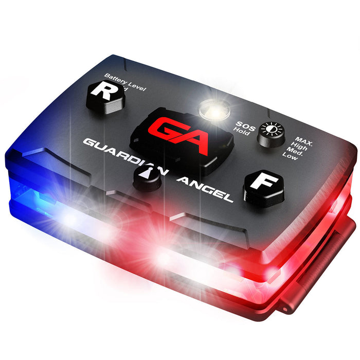 Law Enforcement Red/Blue Wearable Safety Police Light, Front, lights on view.