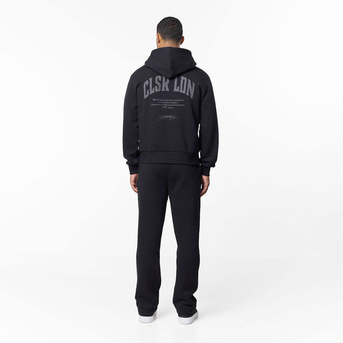 Layered Varsity Relaxed Full Zip Hoodie | Off Black