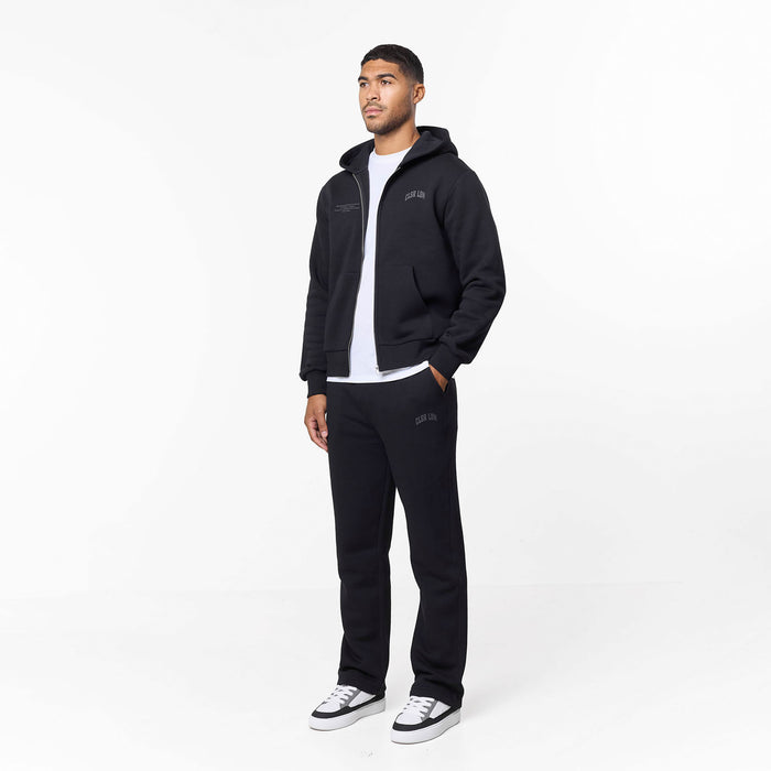 Layered Varsity Relaxed Full Zip Hoodie | Off Black