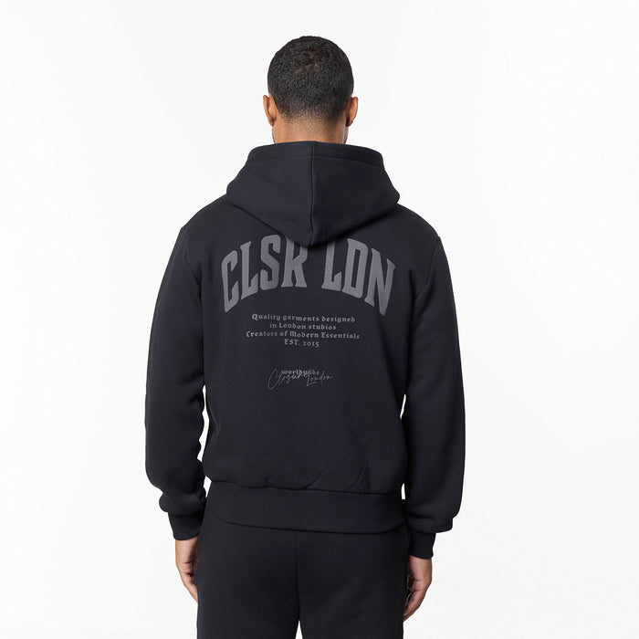 Layered Varsity Relaxed Full Zip Hoodie | Off Black