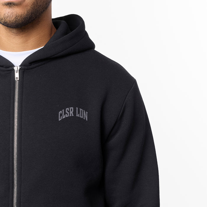 Layered Varsity Relaxed Full Zip Hoodie | Off Black