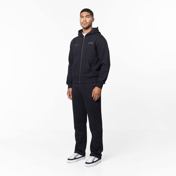 Layered Varsity Relaxed Full Zip Hoodie | Off Black