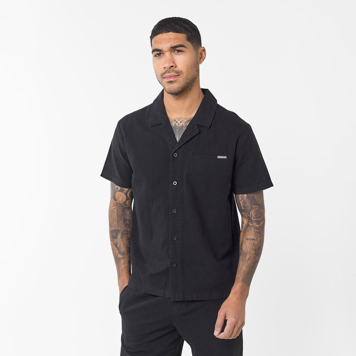 Men's  Black Linen Shirt  Closure London  Front View