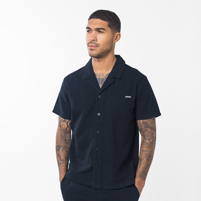 Men's  Navy Linen Shirt  Closure London  Front View
