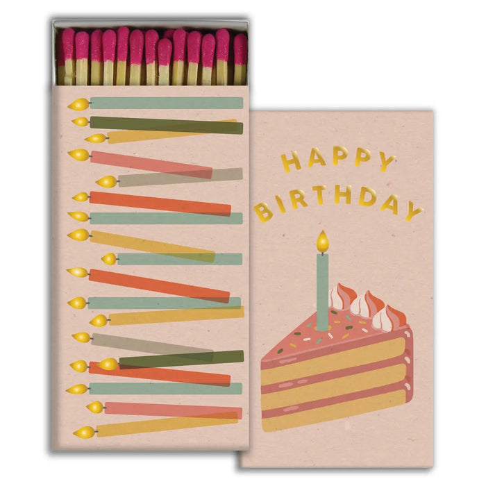Birthday greeting card with happy birthday cake and long matches in a sleeve