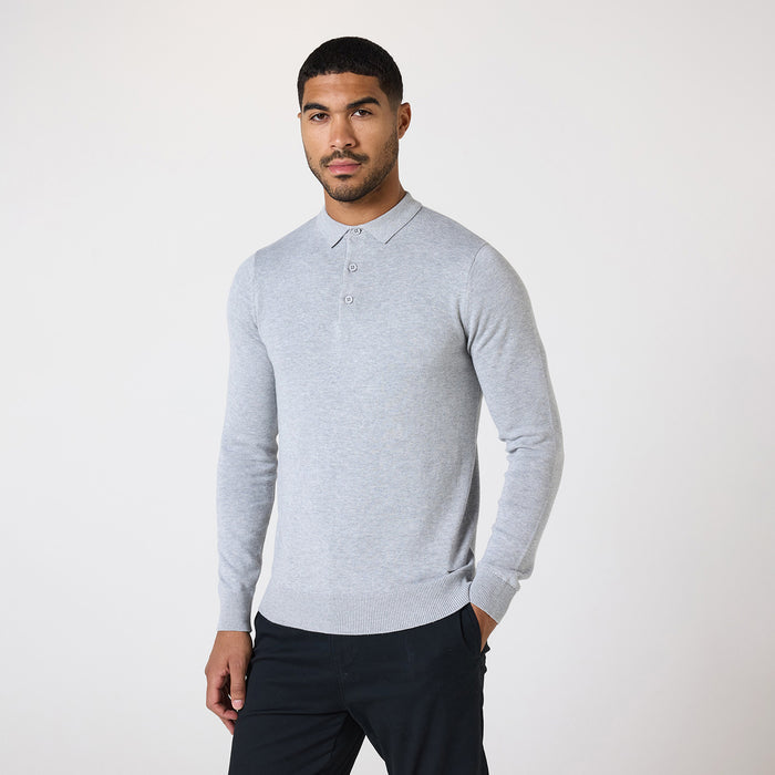 Men's  Light Grey Marl Long Sleeve Knitted Polo  Closure London  Front View