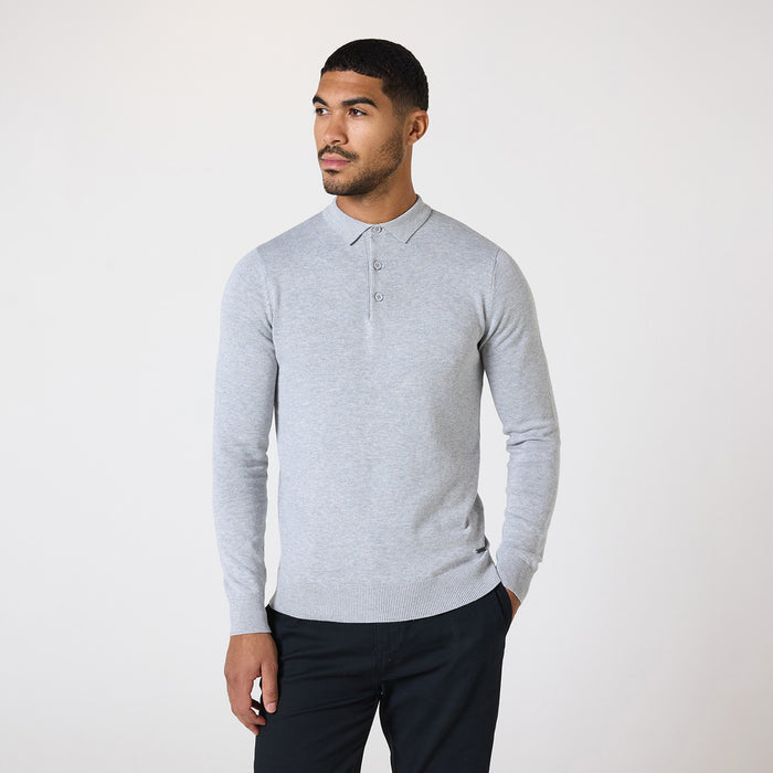 Long Sleeve Knitted Polo | Light Grey Marl