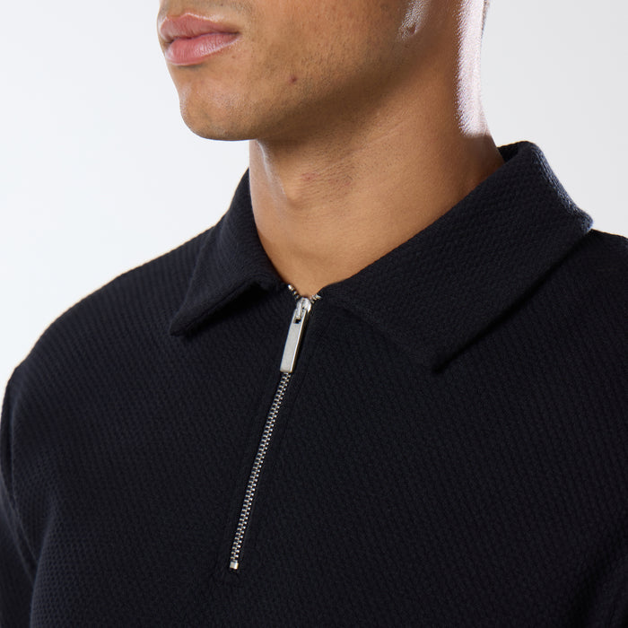 Long Sleeve Textured Polo | Black