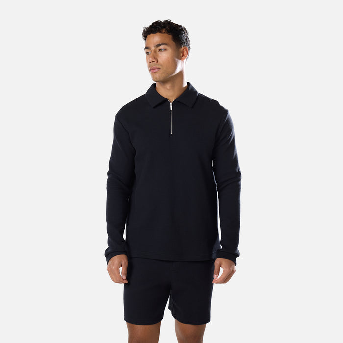 Long Sleeve Textured Polo | Black