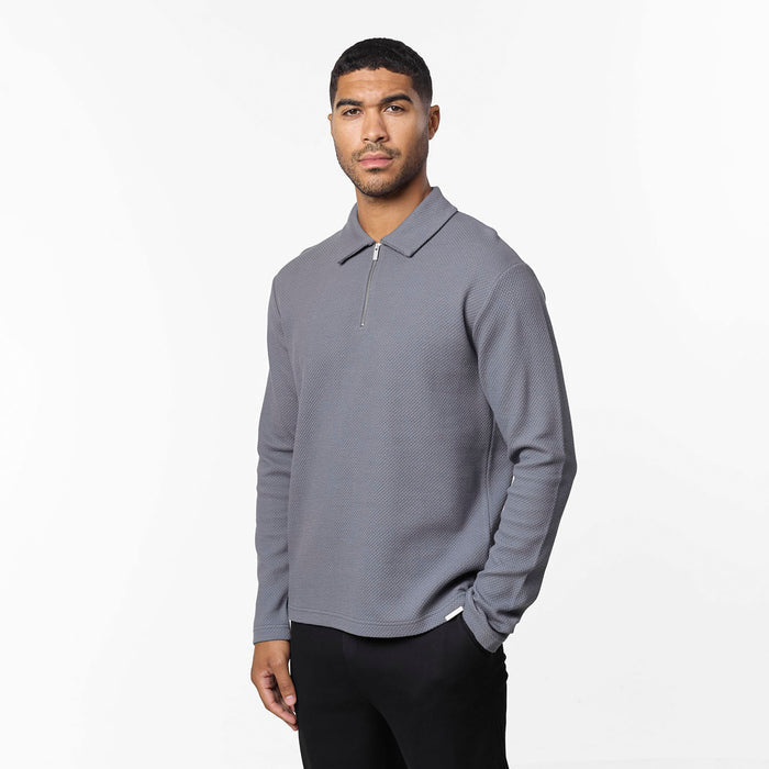 Long Sleeve Textured Polo | Mid Grey