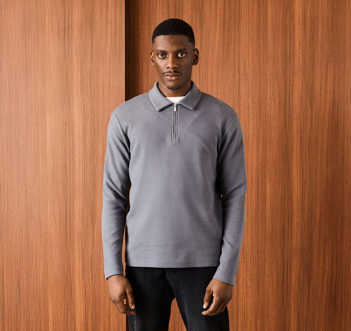 Long Sleeve Textured Polo | Mid Grey