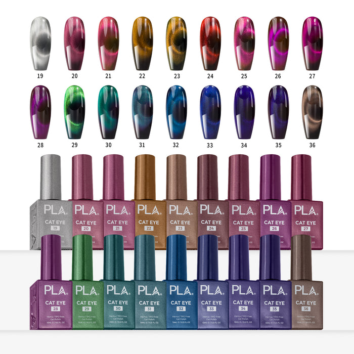 PLA Cat Eye Polish bottles and swatches on display