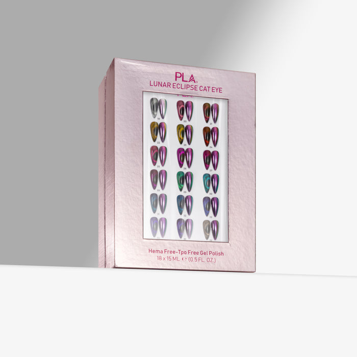 PLA Lunar Eclipse Cat Eye hema-free gel polish in a light pink rectangular box, showing a window with multiple iridescent nail tips in purple, green, and gold tones.