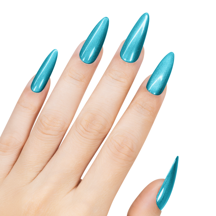 Hand with blue nail polish on a white background
