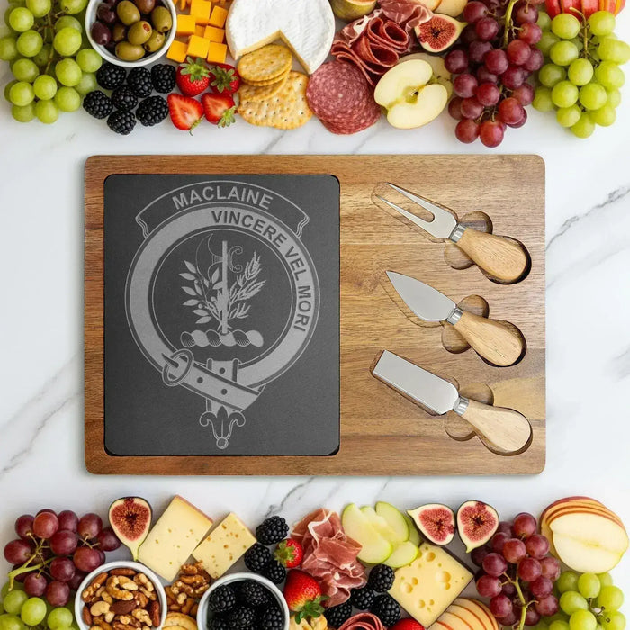 MacLaine clan crest and Vincere Vel Mori engraved on acacia-and-slate board