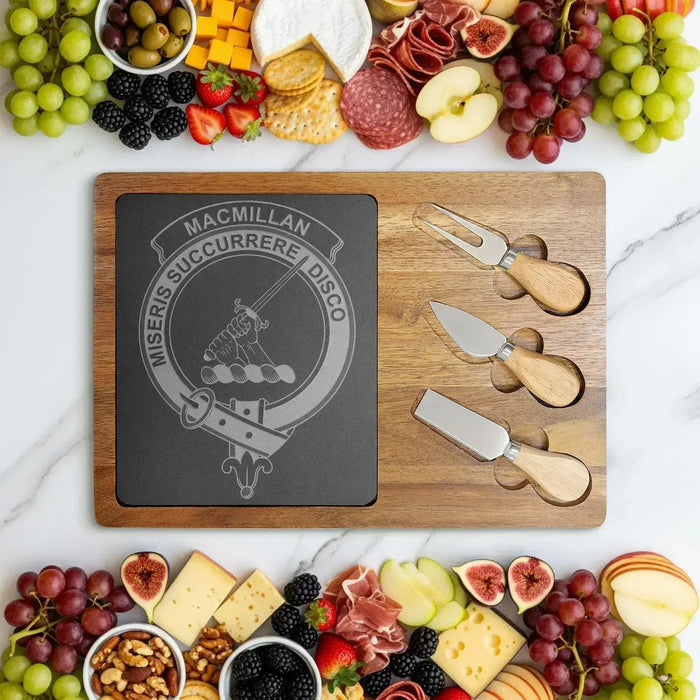 MacMillan clan crest and Miseris Succurrere Disco engraved on acacia-and-slate board