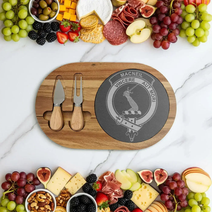 MacNeil engraved Scottish heritage serving board in acacia wood and slate