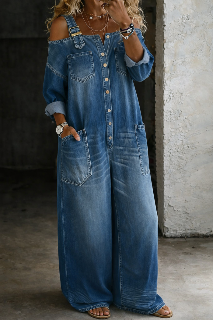 MAGGY - Off Shoulder Denim Shirt Jumpsuit