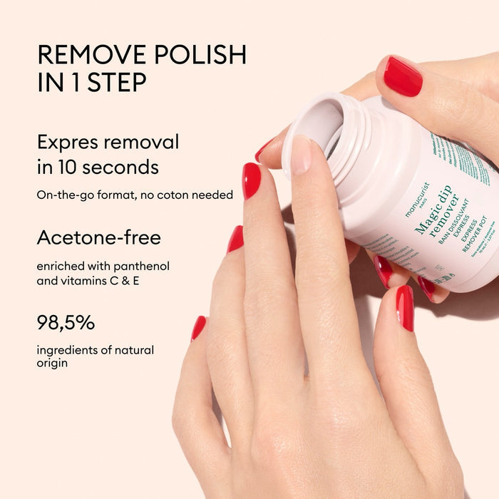 A hand with red nails dips into Manucurist's Magic Dip Remover, a travel-friendly, acetone-free jar that erases polish in 10 seconds and features panthenol, vitamins C  E, and 98.5% natural origin ingredients.