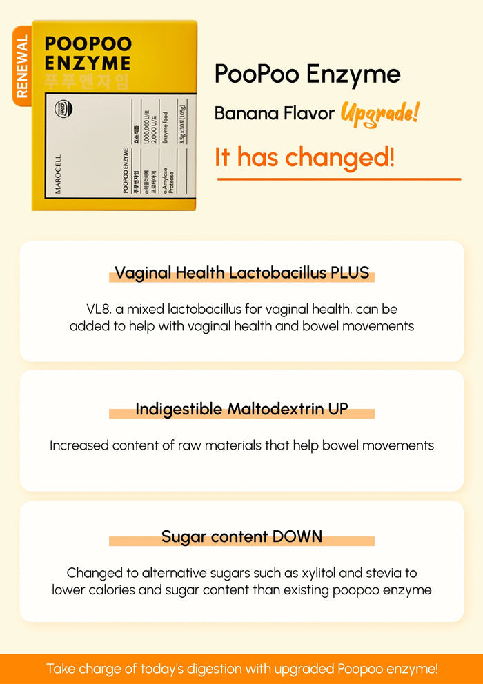 Advertisement for PooPoo Enzyme with text about flavor upgrade and health benefits on a yellow background.