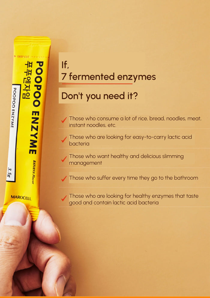 Yellow package of Poopoo Enzyme with text on a brown background