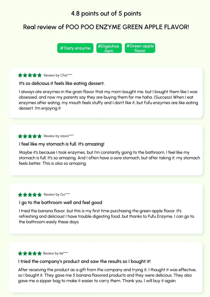 Reviews of Poo Poo Enzyme Green Apple flavor with user feedback on taste and effects.