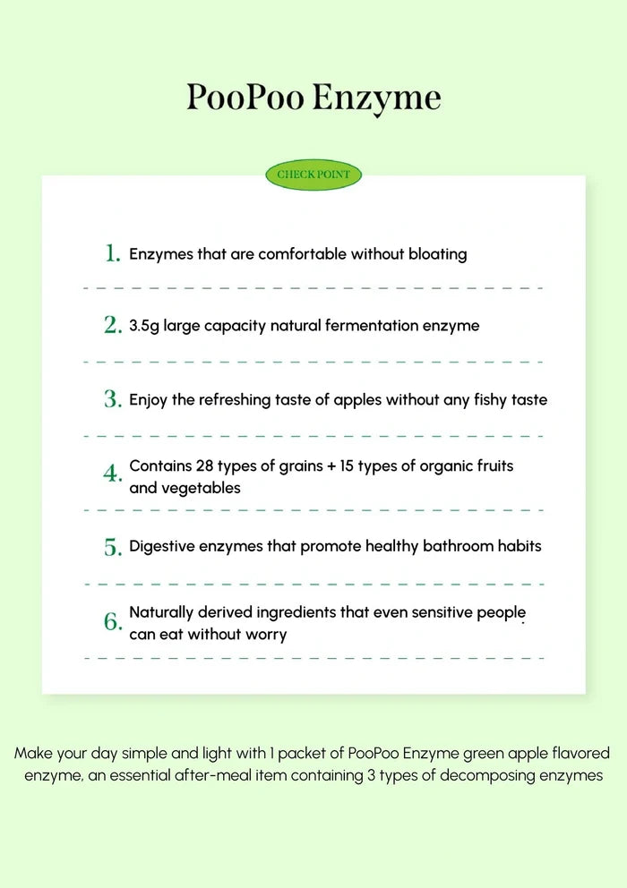 Product description card for PooPoo Enzyme on a green background