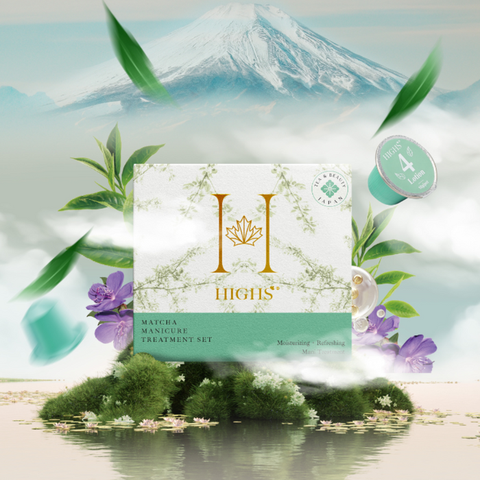 A boxed Highs Matcha Tea manicure and pedicure treatment set with various capsules