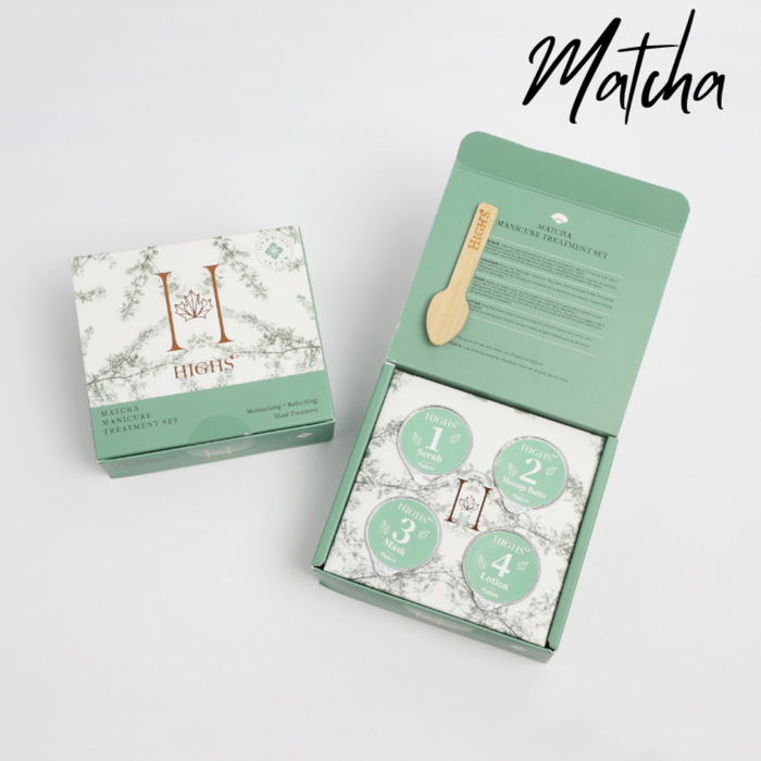 A closed and open box Highs Matcha Tea manicure treatment set with various capsules and wooden spoon
