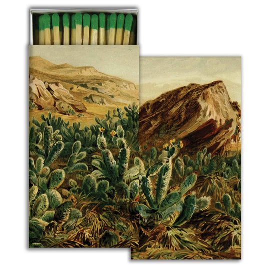 Prickly pear cactus matchbook with desert artwork, paper cover and exposed match tips