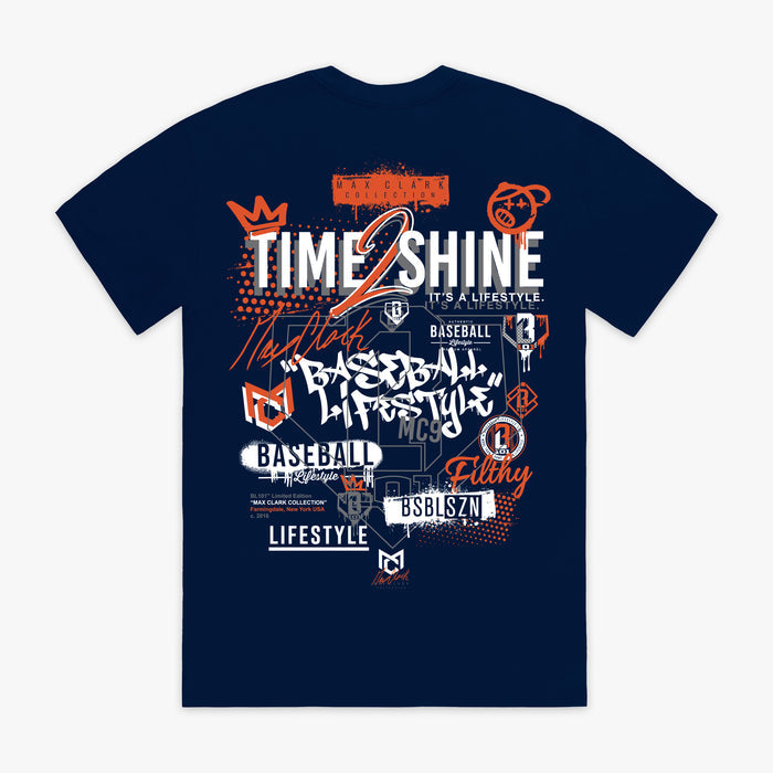 Navy blue t-shirt with colorful graphics and text on a white background
