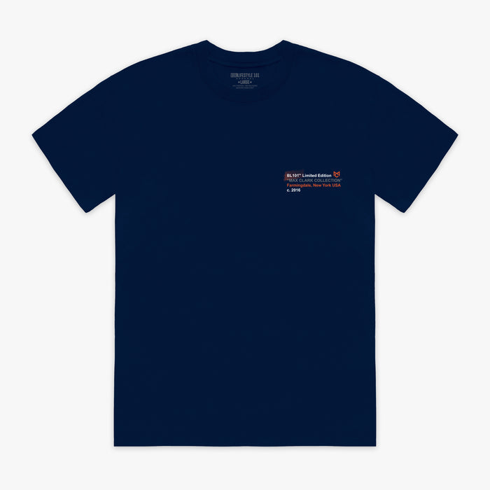 Navy blue t-shirt with a small logo on the chest against a white background