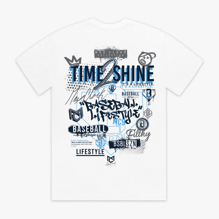 White t-shirt with black and blue graphic designs and text on a white background