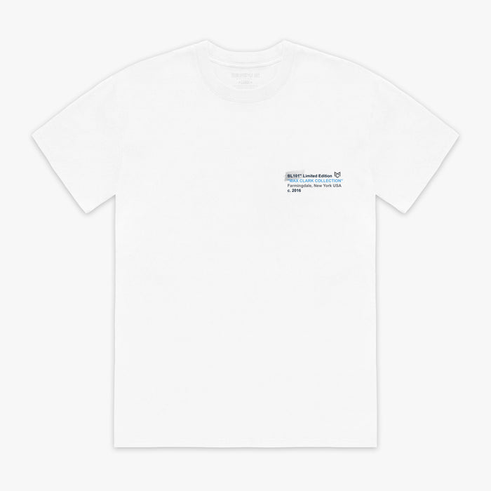 White t-shirt with a small black label on a white background