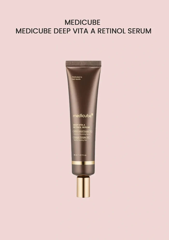 Medicube Deep Vita A Retinol Serum on a pink background
