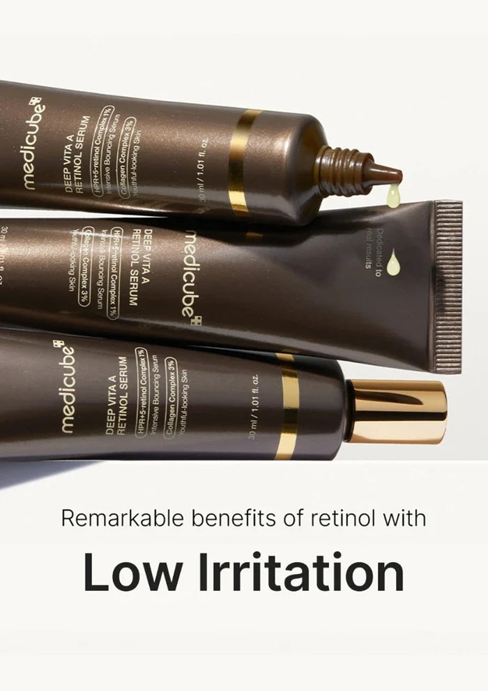 Three tubes of Mediclebe skincare serum on a light gray background with text about retinol benefits.